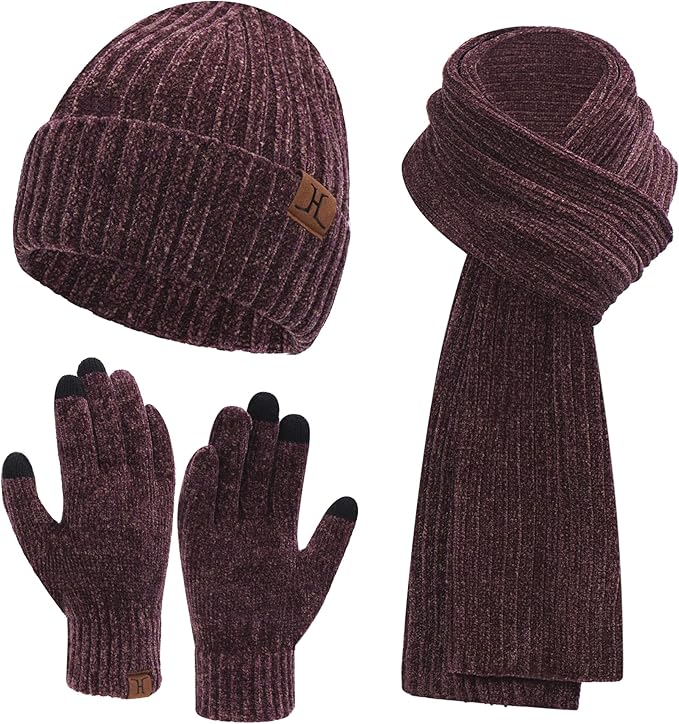 Womens Winter Knit Warm Hat Beanie Long Scarf Touch Screen Gloves Set Skull Caps Neck Scarves for Women