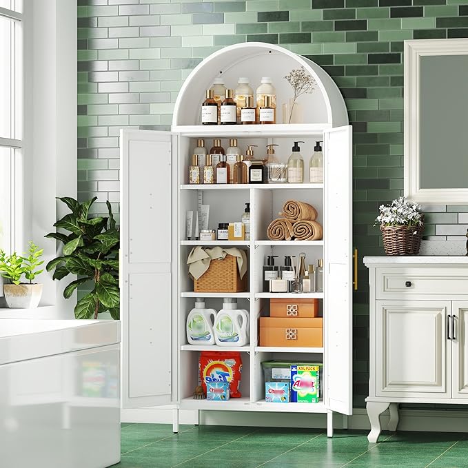 Metal Arched Kitchen Pantry Cabinet with 6 Adjustable Shelves, Farmhouse Arched Cabinet with 2 Doors for Kitchen,Bedroom,Living Room,White, Assemble Required,15.4" D x 30.7" W x 72.8" H
