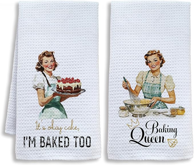 Funny Retro Baking Kitchen Towels, Baker Gifts for Women Dish Tea Towels for Kitchen, Gifts for Baking Lovers, Hostess Gift Decorative Hand Towel, 16x24 Inch Set of 2