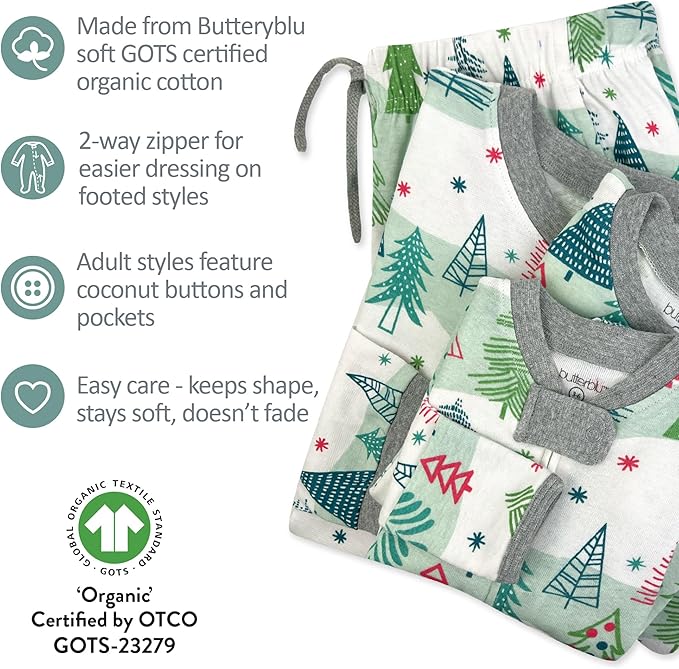 JAMIE Matching Family Jammies Holiday Pajamas 100% Organic Cotton PJs Adults, Kids, Toddlers, Baby, Pets