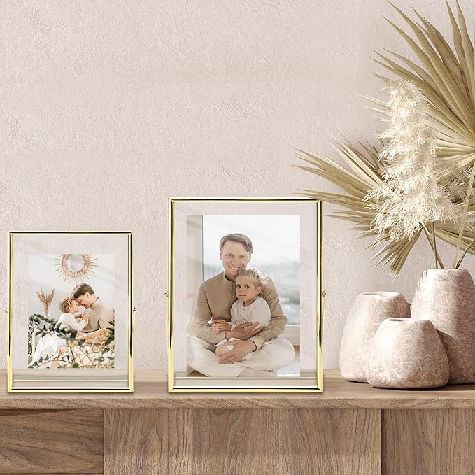 Vienrose Picture Frame for 5x7 4x6 3x5 Photos, Glass Floating Picture Frames, Gold Tabletop Photo Frame for Home Wedding Party Office Decor (6"x 8",2 Pack)