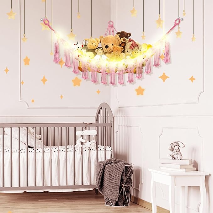 CERETIA Stuffed Animal Hammock with LED Light, Large Stuffed Animals Storage Corner Plushie Net for Kids Room Decor, Jumbo Pink