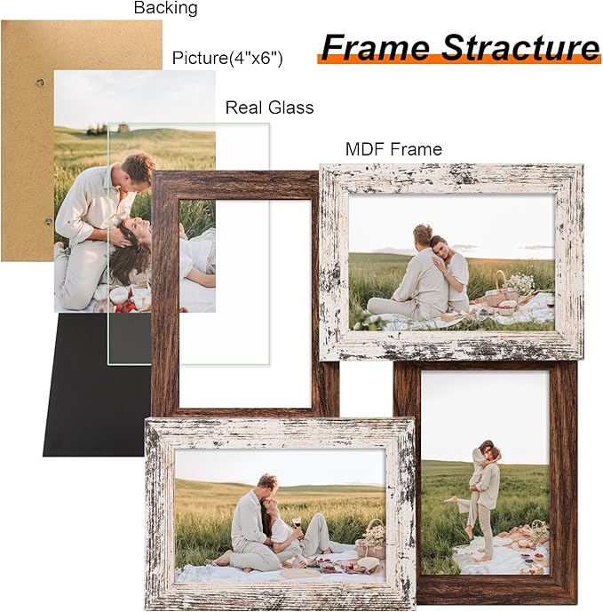 4x6 Collage Picture Frames, Multi Family Photo Frame with Real Glass, Displays Four 4x6 Photo, Wall Decor Wall Hanging or Tabletop, Distressed White+Rustic Brown
