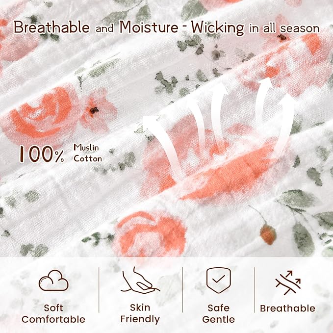 PHF 100% Muslin Cotton Baby Sleep Sacks, 18-24 Months Sleep Sack with 2-Way Zipper, 2 Pack Cooling 0.5 TOG Breathable X-Large Size Sleeveless Baby Wearable Blanket for Baby Girl, Floral