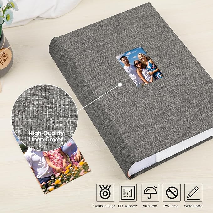 XFveivoo Photo Album 4x6 450 Photos with Writing Space,4 x 6 Photo Book Linen Cover with Front Window, 4x6 Picture Album 450 Photos Photo Album Book for Wedding Kids Travel Family Baby Pictures, Grey