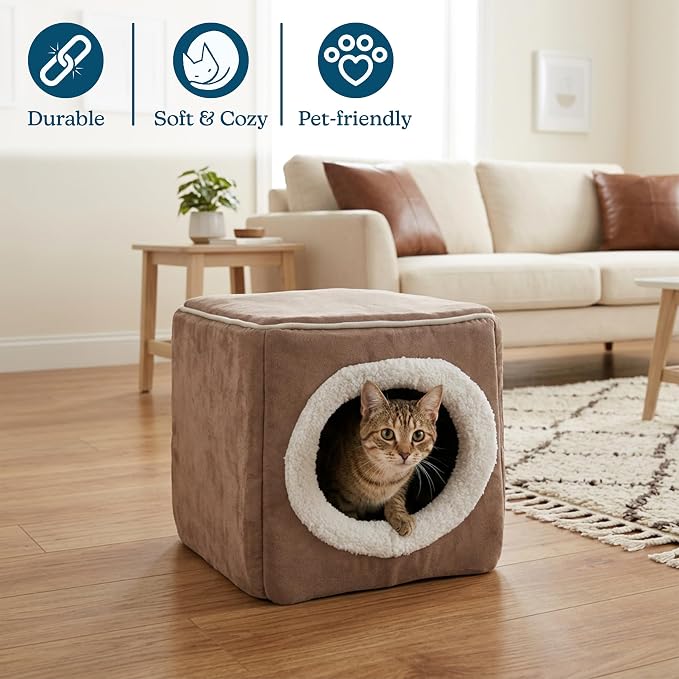 Cat House - Indoor Bed with Removable Foam Cushion - Cat Cave for Puppies, Rabbits, Guinea Pigs, and Other Small Animals by PETMAKER (Light Brown)