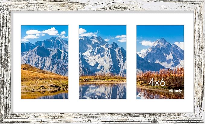 Vittanly 8x14 Picture Frames Collage Wall Decor, Displays 3Pcs 4x6 Pictures with Mat or 1Pcs 8x14 without Mat, Collage Picture Frame for Horizontal or Vertical Display, Distressed White, 1 Pack