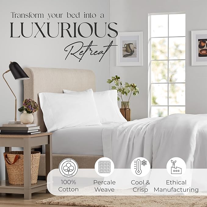 SUPREME ELEGANCE Full Size Bed Sheets Set - Natural 100% Cotton Percale Deep Pocket Full Size Sheets Set, OekoTex Made in Green Sustainable Cotton Bedding with Snug Fit, Crisp Comfy Feel, Snow White