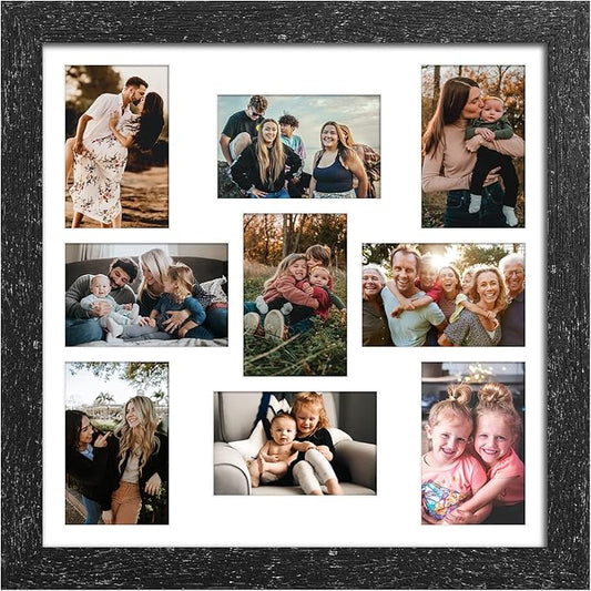 17x17 Picture Frame Display 9 opening 4X6 Picture Frame Collage,Multi Photo Frame with Mat,Plexiglass,Wall Mount Decor,Black Wood Grain