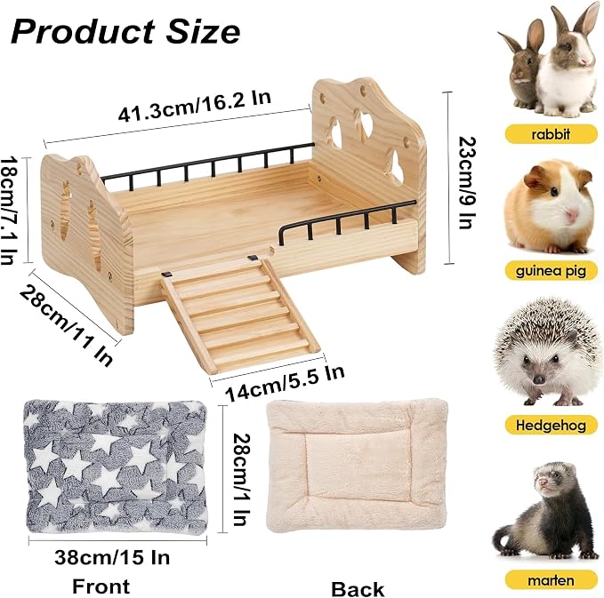 Wooden Bunny Bed 2 in 1 Rabbit Guinea Pig Bed Small Animal Bed with Stairs | With Detachable Stairs Washable Reversible Mat Guinea Pig Toys for Bunnies Chinchillas Hamster Ferret Small Rabbits Bunny