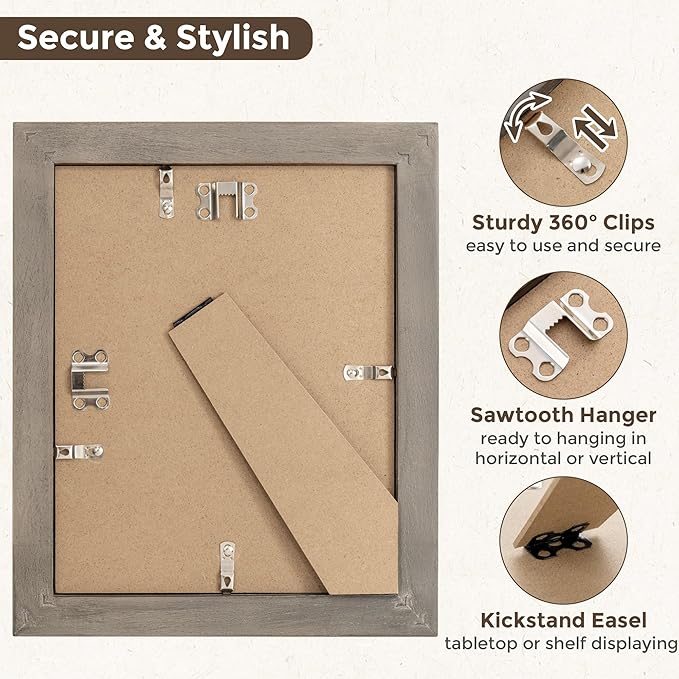 Fun Memories Picture Frame 8x10 - Real Tempered Glass, Solid Wood Photo Frame, Display 5x7 With Mat or Without Mat, Rustic Frame for Wall or Tabletop, Grey, 1 Pack
