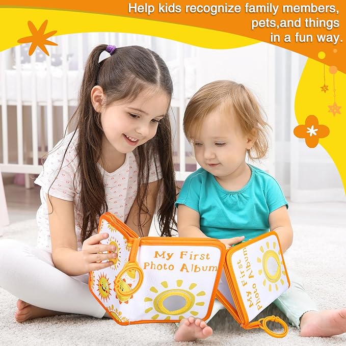Sun Baby' s My First Family Album Cute Cartoon Sun Photo Album Holds 4x6" Pictures Soft Photo Cloth Book with Safety Mirror for Newborn Baby Shower Toddler Kid