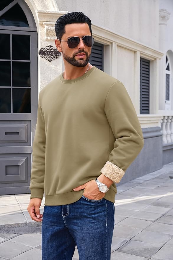 Boladeci Men's Full Sherpa Lined Crewneck Sweatshirts Heavy-weight Fleece Pullover Thick Thermal Long Sleeve Cotton