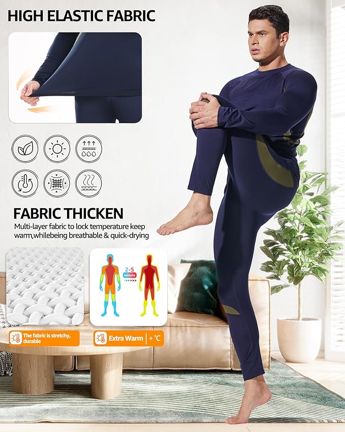 UNIQUEBELLA Men's Thermal Underwear Sets Top & Long Johns Fleece Sweat Quick Drying Thermo Base Layer