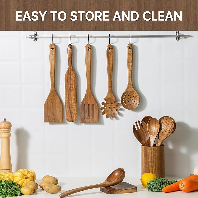 18 PCS Acacia Wooden Spoons for Cooking - Heat-Resistant, Comfort Grip,Easy to Clean, Non-stick Friendly - Kitchen Utensil Set with Holder, Spoon Rest & 6 Hooks, Ideal for Gifting