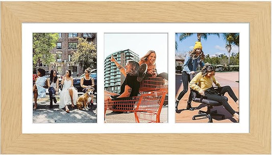 8x16 Picture Frame Display 3 opening Picture Frame 5x7 Collage,Multi Photo Frame with Mat,Plexiglass,Horizontal and Vertical Formats for Wall Decor,Natural Wood Grain