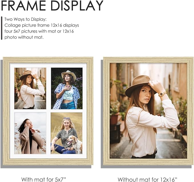 12x16 Picture Frame 5x7 Collage Picture Frame Displays Four 5x7 inch Photos or 12x16 (Without Mat) for Available Horizontal Wall Mounting Display and Vertical Wood Color