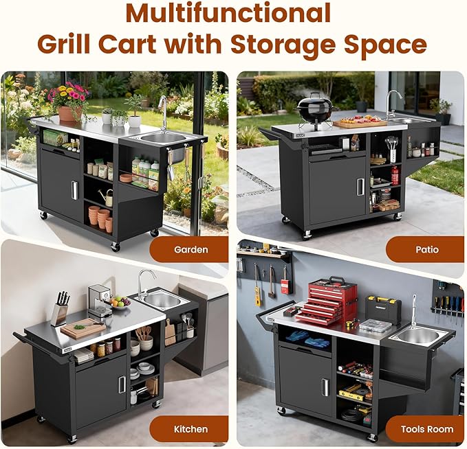 NUUK Outdoor Grill Cart on Wheel, Pizza Oven Table with Sink & Storage, 20"x42" Stainless Steel Prep Table Kitchen Island Cabinet for Backyard BBQ