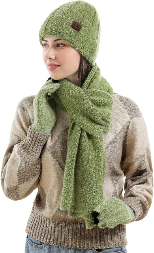 Womens Winter Warm Knit Beanie Hat Touchscreen Gloves Long Neck Scarf Set with Fleece Lined Skull Caps Gifts for Women