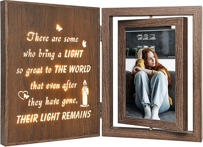 Rotating Wooden Memorial Picture Frame with Light Up Quote – Sympathy Gifts for Loss of Loved One, Bereavement Grief Condolences Gifts with 2 4x6 Inch