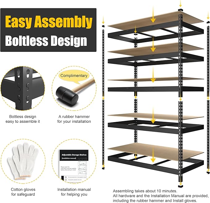 PrimeZone 10 Pack Heavy Duty Storage Shelves - 47"W x 18"D x 71"H 5 Tier Adjustable Garage Storage Shelving, Metal Utility Rack Organizer Shelf Unit for Warehouse Pantry Closet Kitchen Basement, Black