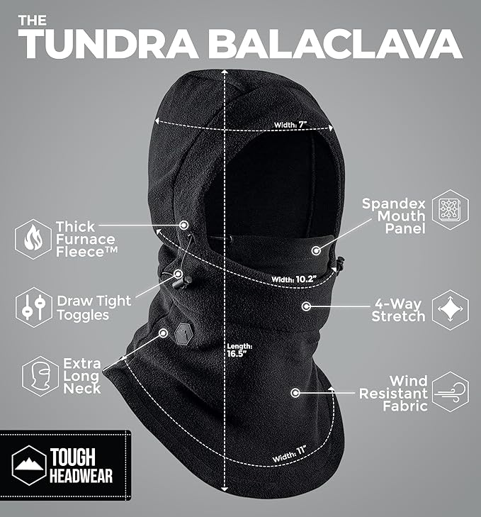 Tough Headwear Fleece Balaclava Ski Mask - Windproof Cold Weather Gear - Hunting Essentials - Ski Mask for Men