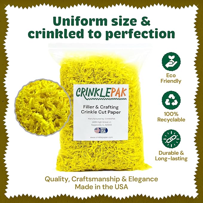 10LB USA Made Yellow Crinkle Paper Filler | Great Shredded Paper For Gift Baskets, Shipping Packages, Gift Box Filler, Basket Filler, Birthdays, Weddings, Anniversaries | Yellow Crinkle Shred