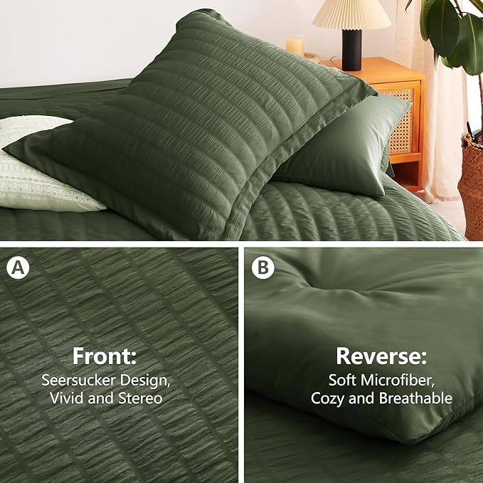 CozyLux King Size Comforter Set Olive Green Seersucker 7 Pieces Bed in a Bag King Comforter Set with Sheets, Luxury Bedding Set with Down Alternative Comforter, Sheets, Pillowcases & Shams All Seasons