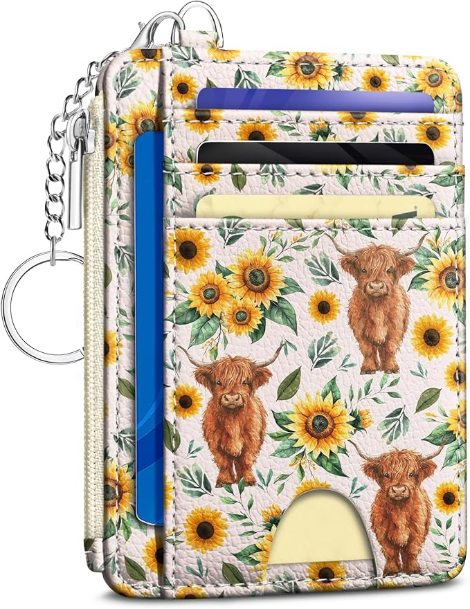 Kelvoris Credit Card Holder Small Wallet Women, Slim RFID, Highland Cow | Keychain, Zipper Coin Pocket, Front Pocket Thin Travel Card Case, Minimalist, 6 Card Slots, 1 ID Window, Ladies Gifts Woman