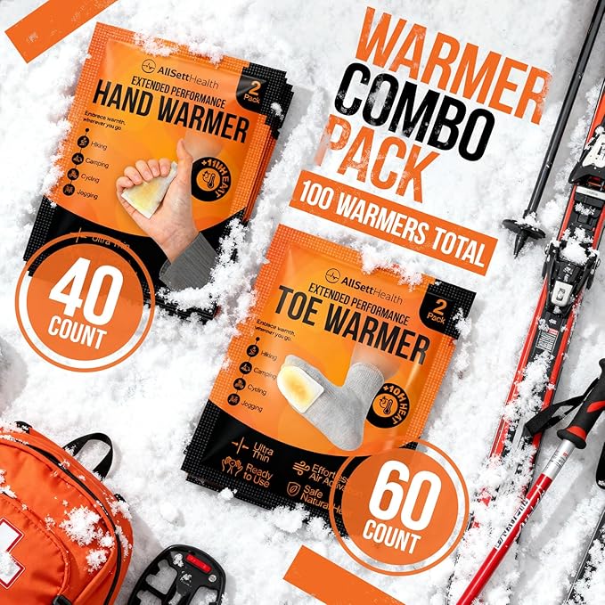 Hand and Toe Warmers Variety Pack – 100 Piece Set with 30 Pairs Hand Warmers and 20 Pairs Adhesive Toe Warmers – Long Lasting Heat Packs for Cold Weather, Work, Skiing, Travel and Stadium Events