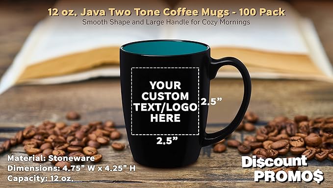 DISCOUNT PROMOS 100 Java Two Tone Coffee Mugs Set, 12 oz. - Customizable Text, Logo - Stoneware, Durable, Easy Grip - BLACKTEAL