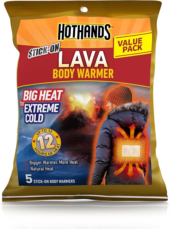 HOTHANDS LAVA - Body Warmers - Up to 12 Hours of Consistent Heat - Bulk Value Pack of Air Activated Warmers - 5 Individual Warmers - Value Pack - Big Heat for Extreme Cold