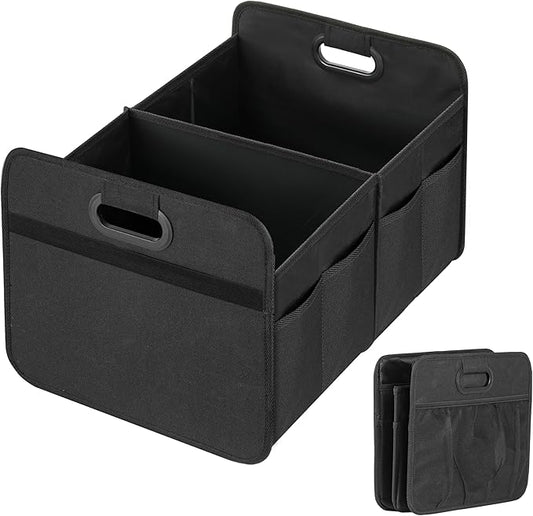 YSSOA Car Trunk Organizer, Collapsible 2 Compartment Non Slip Bottom, Waterproof Car Storage Box, 600D Oxford Polyester Sturdy Accessories for SUV, Mini-Van, 50L, Black