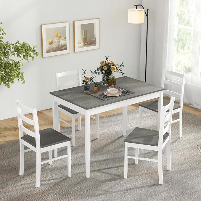 Tangkula Dining Table Set for 4, Farmhouse Solid Wood Dinette Set w/Rubber Wood Legs, Compact Wooden Dining Table and Chairs Set for Kitchen, Dining Room (Grey+White)