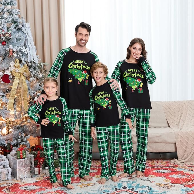 Christmas Family Pajamas Set Matching Holiday Plaid Sleepwear Set Reindeer/Tree Print Loungewear for Xmas Eve