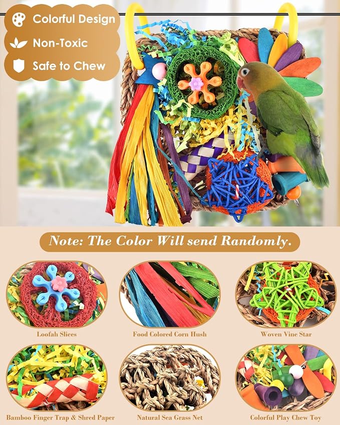 ERKOON Bird Cockatiel Toys Foraging Toys Hanging Parrot Toys for Lovebrid Parakeets Conures Bird Foraging Wall with Colorful Toys for Birds Shredding Seagrass, Birds Cage Toy Accessories