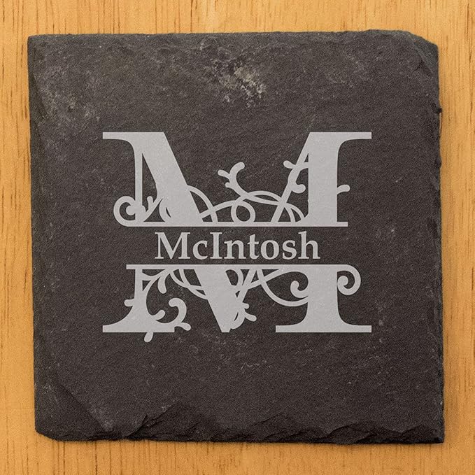 Nature's Touch: Personalized Slate Coasters with Vine Monogram - Square Slate - Set of 8