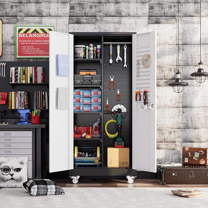 Broom Closet Storage Cabinet with Wheels and Pegboard,Metal Garage Storage Cabinet with Doors and Adjustable Shelves for Garage Home,Required Assembly,Black and White