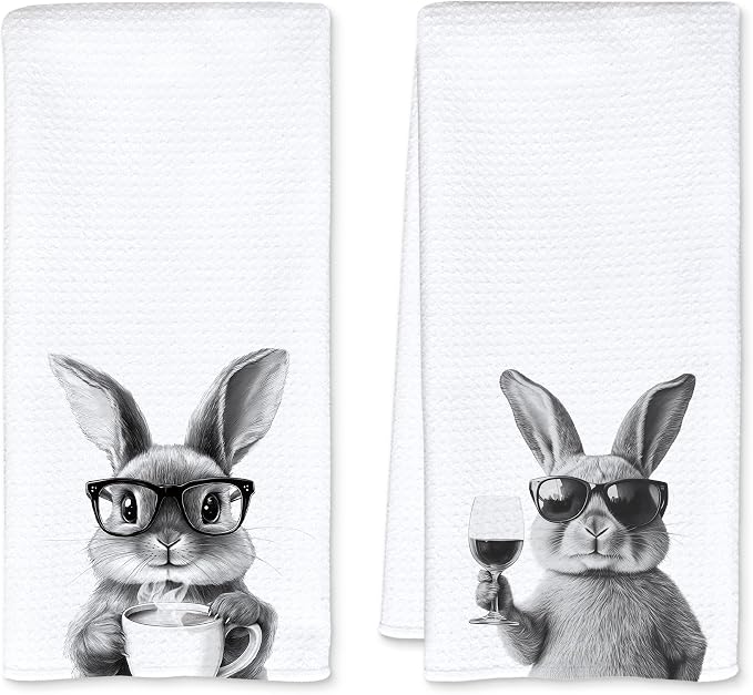 Funny Bunny Kitchen Towels Set of 2, Funny Kitchen Decor, Coffee Station Wine Bar Decor, Black and White Bunny Owner Gift Hand Towel, Dining Room Decorative Tea Towel Dish Towels 16x24 Inch