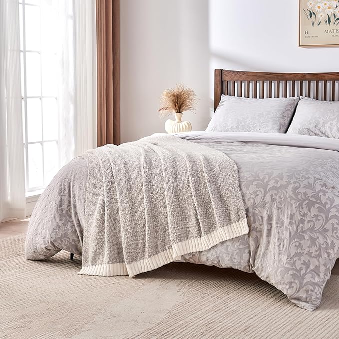 CozeCube Super Soft Fullfy Microfiber Reversible Knitted Blankets, Warm Cozy Fuzzy Plush Throw, Grey and White Melange Throw Blanket for Couch Bed Sofa, 50" x 60"