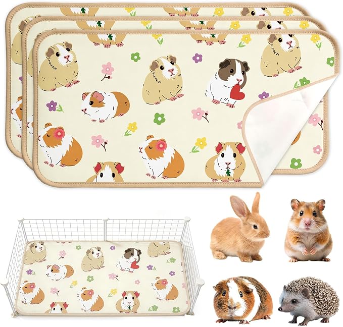 JarThenaAMCS 3Pcs Guinea Pig Cage Liners 47 x 24 Inch Washable Guinea Pig Pee Pads Cute Floral Reusable Pee Mat Absorbent Bedding for Small Animals Rabbit Hamster Chinchilla Ferret Rat