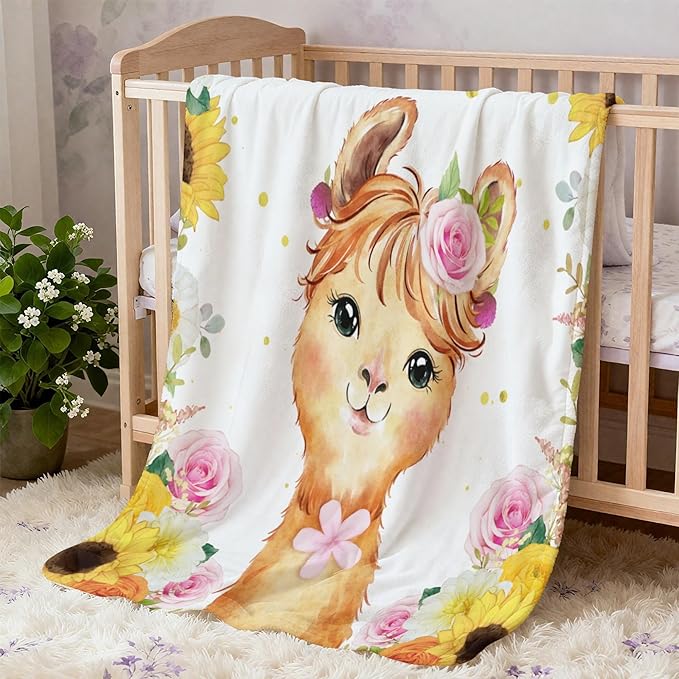Personalized Baby Blanket with Name, Customized Soft Animals Flannel Blankets for Newborn Boys Girls and Toddlers, for New Mom, Infant Birthday Gift, Lama