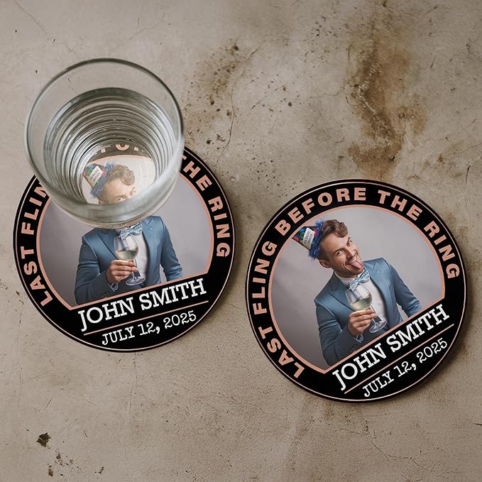 100 Pack Personalized Bachelor Party Coasters, Custom Cardboard Drink Coasters with Photo Print and Text, Fun Bachelor Party Favors and Gifts, 3.95" Round, Design 4