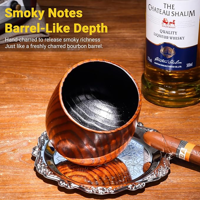 2PCS Charred Wooden Whiskey Glass – Handcrafted Solid Wood Tumbler for Men | Unique Whiskey Gifts | Natural Grain, Flame-Finished Bourbon Glass,Fathers Gifts For Dad，Him，Husband