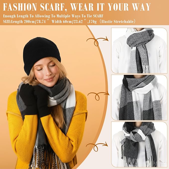 Geyoga 6 Pcs Winter Hat Scarf Gloves Set Knitted Touchscreen Gloves Plaid Scarf Earmuffs Socks Gift for Women Men