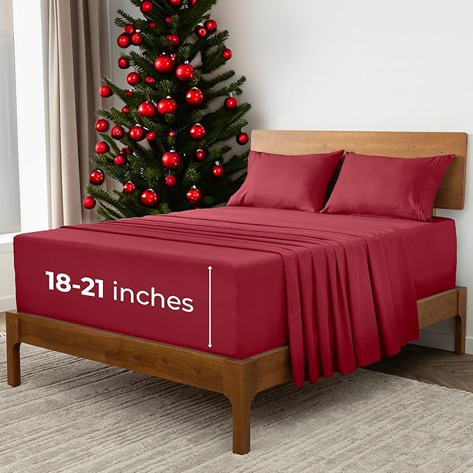 Mellanni Extra Deep California King Sheets - 4 PC Iconic Collection Bedding - Hotel Luxury, Ultra Soft, Cooling Bed Sheets - Wrinkle, Fade, Stain Resistant (Cal King, Brick Red)