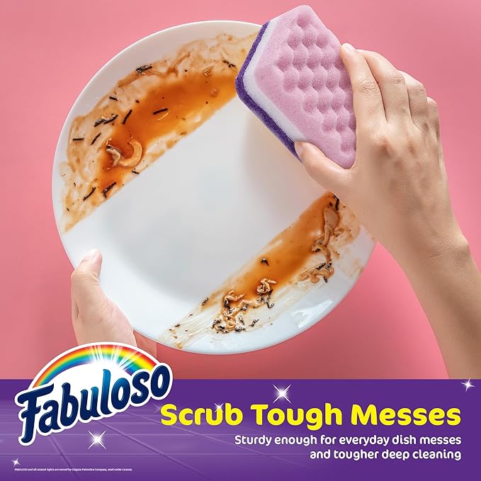 Fabuloso Scratch-Free Kitchen Dish Sponges, Purple Cellulose Scrubber Sponge with Scouring Pad for Dishes, Pots, Pans, Counters and Sinks, Tough on Messes, 4.25 x 2.75 x 1.25 in, 6 Count