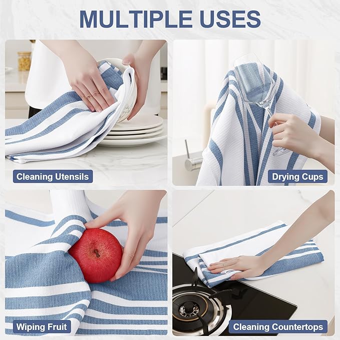Homaxy Premium Kitchen Towels 18”x 28”, Large Cotton 380 GSM Kitchen Hand Towels, Stripe and Terry Dish Towel, Highly Absorbent Tea Towel Set with Hanging Loop, 8 Pack, Navy Blue