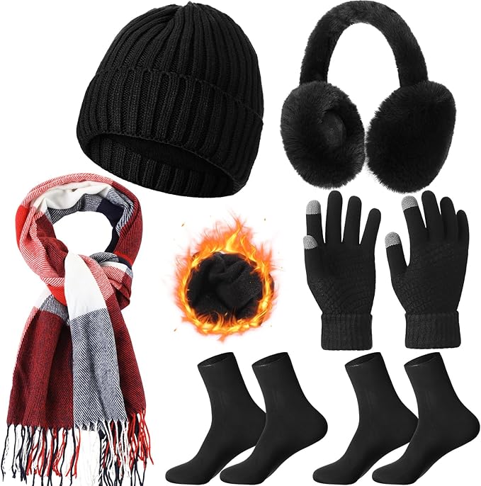 Geyoga 6 Pcs Winter Hat Scarf Gloves Set Knitted Touchscreen Gloves Plaid Scarf Earmuffs Socks Gift for Women Men