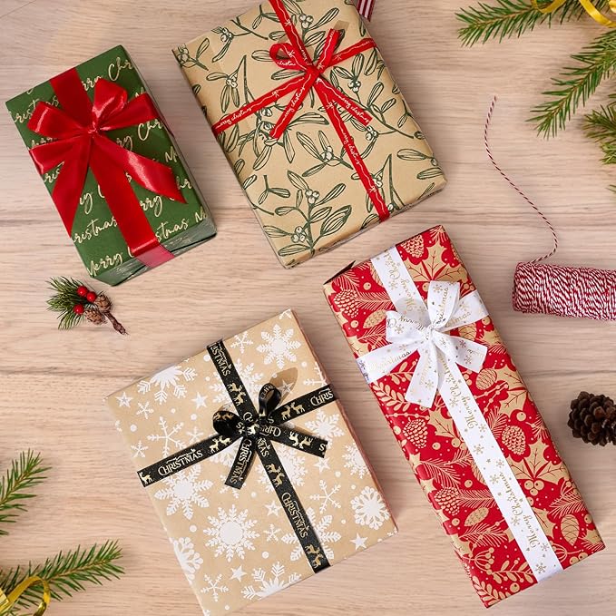YANGTE Vintage Recyclable Christmas Wrapping Paper Rolls, Brown Kraft Wrapping Paper with Red and Green Pattern, Holiday Gift Wrapping Paper Christmas Rolls, 17x120 inch, 4 Rolls
